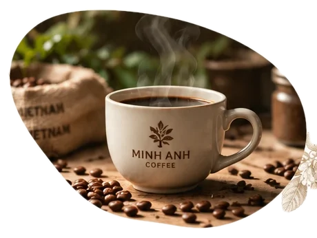 Tách cà phê Minh Anh Coffee bên bao hạt cà phê